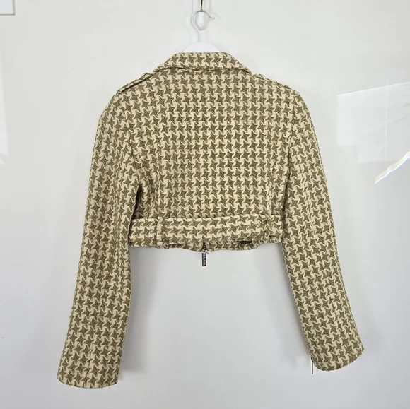 WALTER Green Cream Houndstooth Wool Blend Tweed Cropped Jacket Size 4 - Picture 12 of 12